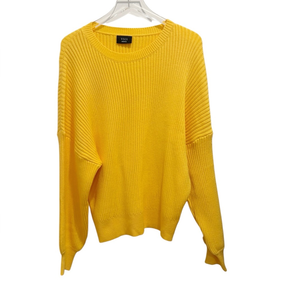 VICI Ribbed Knit Sweater size Medium Yellow Drop Shoulder Crewneck Oversized‎